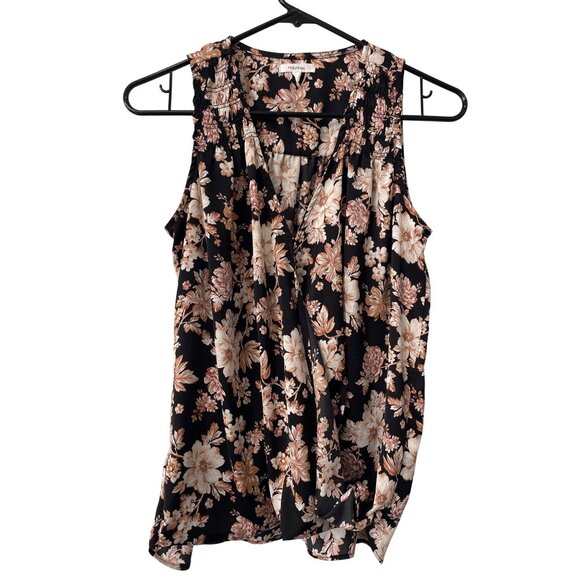 Maurices Wrap Blouse Size XS Floral V Neck Smocked Shoulder Black Tan Bohemian - Picture 2 of 8